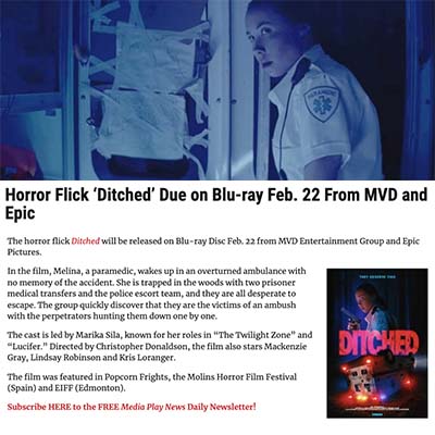 Horror Flick ‘Ditched’ Due on Blu-ray Feb. 22 From MVD and Epic